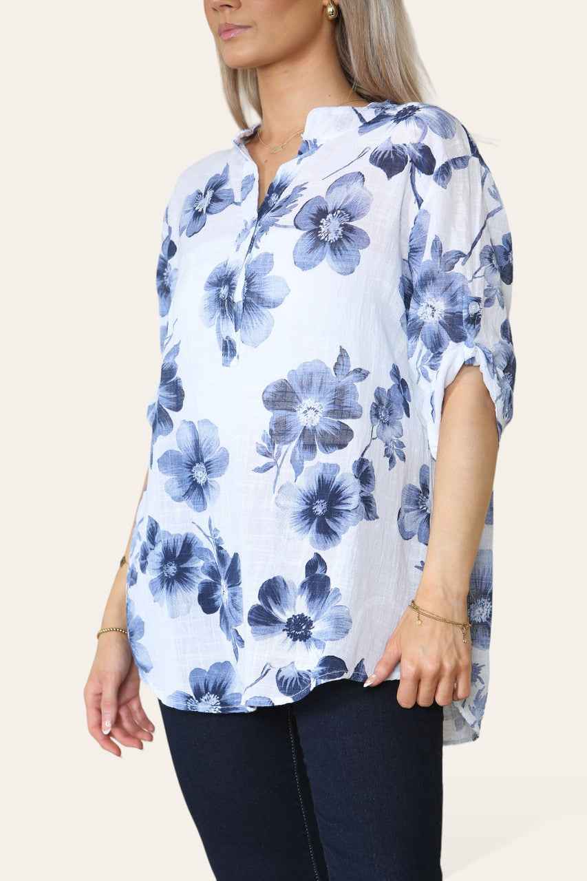 FLORAL PRINT GRANDAD COLLAR SHIRT TOP WHITE