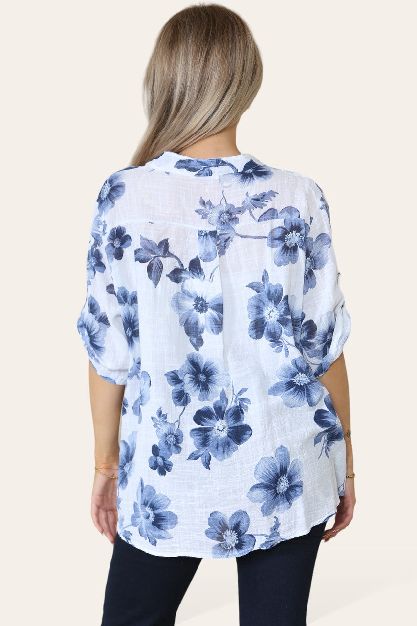 FLORAL PRINT GRANDAD COLLAR SHIRT TOP WHITE
