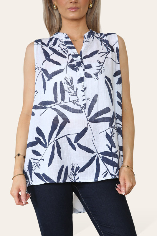 LEAF SHADOW PRINT GRANDAD COLLAR SLEEVELESS BLOUSE TOP WHITE