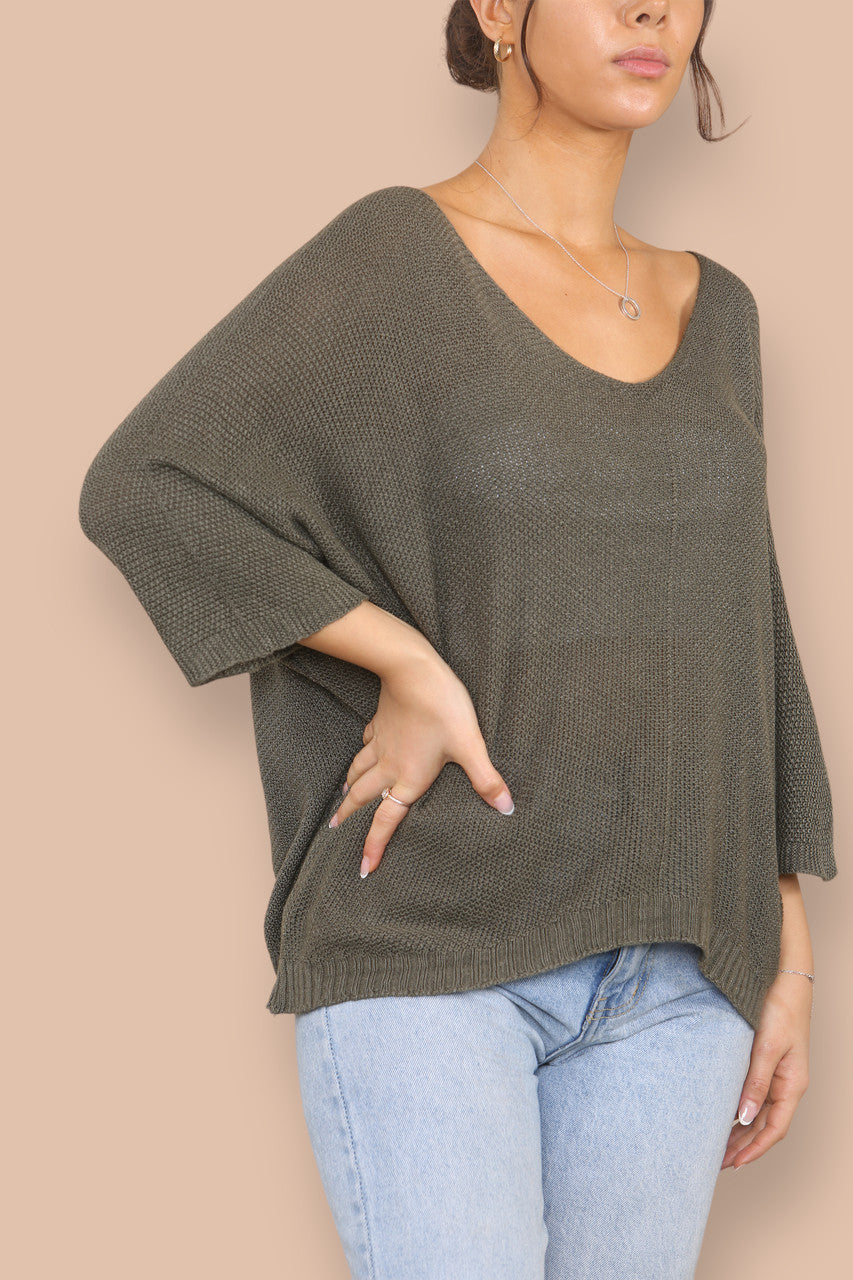 V-NECK FINE KNIT JUMPER - DARK KHAKI