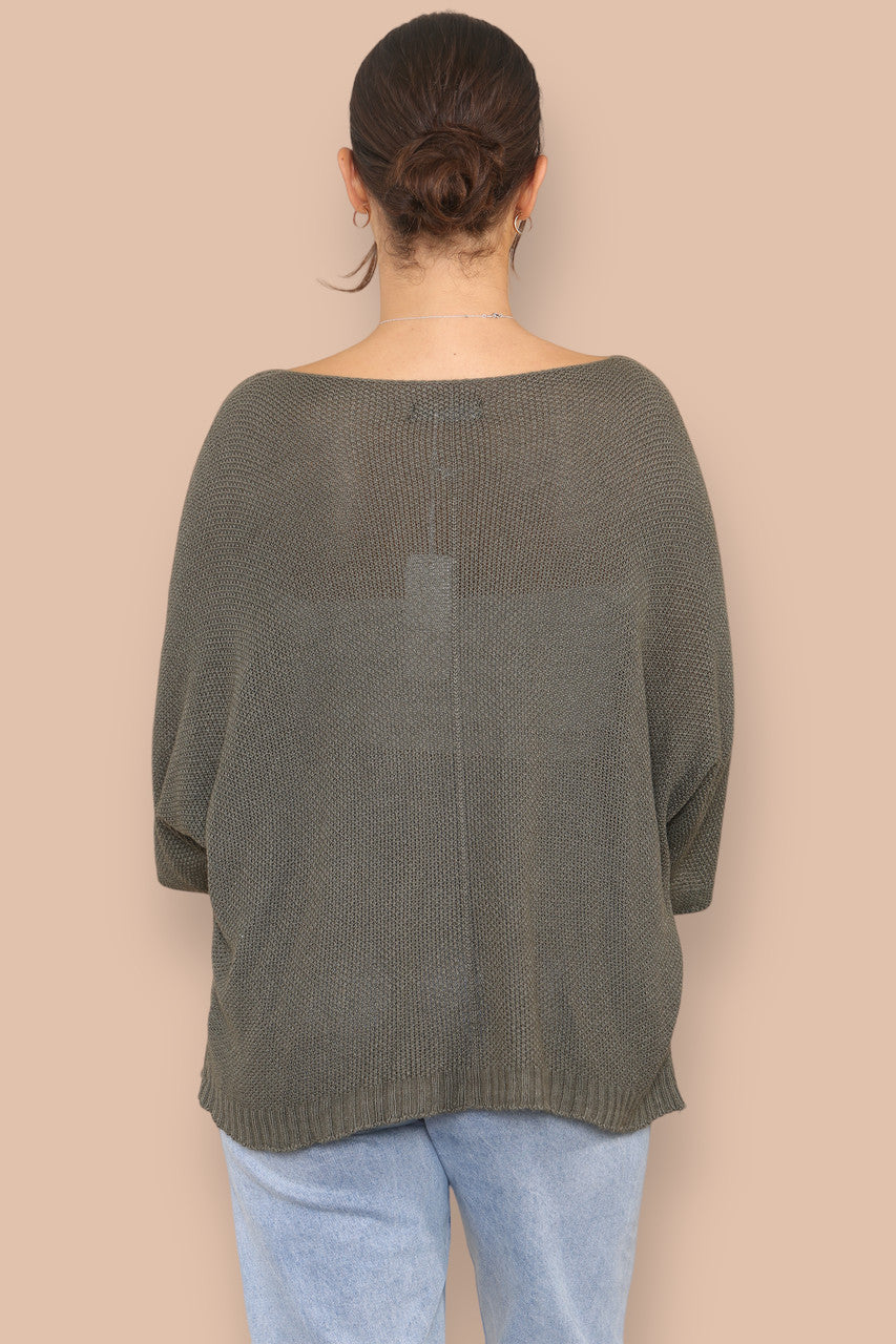 V-NECK FINE KNIT JUMPER - DARK KHAKI