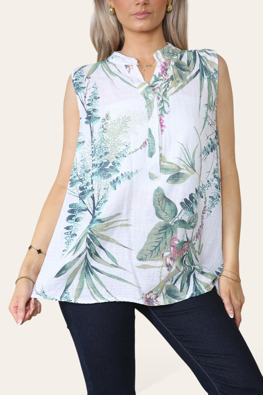 LEAF FLORAL MIX PRINT GRANDAD COLLAR SLEEVELESS BLOUSE TOP WHITE