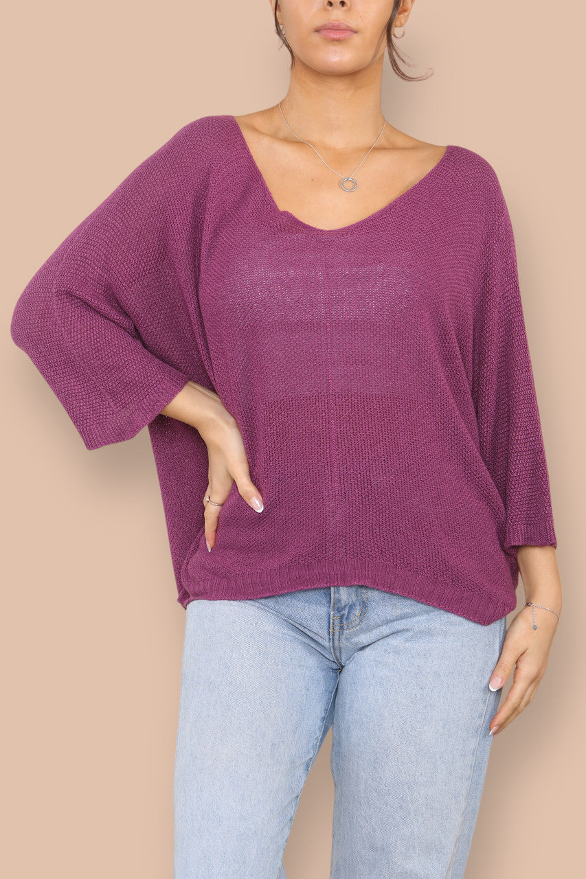 V-NECK FINE KNIT JUMPER RASPBERRY