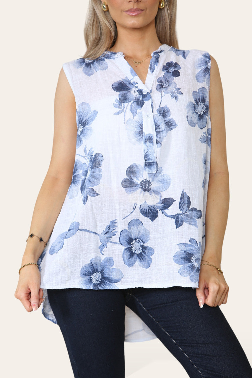 BLOES MET BLOEMENPRINT, GRANDAD KRAAG EN ZONDER MOUWEN WIT