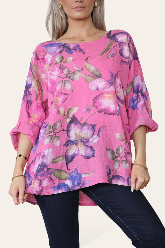 FLORAL BUTTERFLY PRINT TOP - CERISE