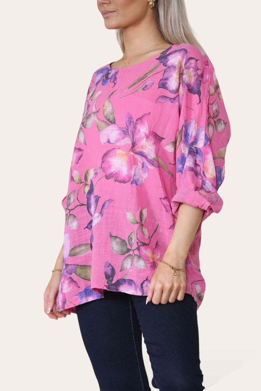 FLORAL BUTTERFLY PRINT TOP - CERISE