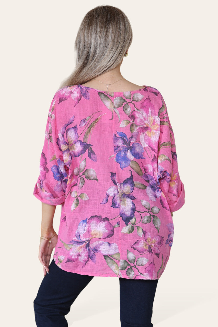 FLORAL BUTTERFLY PRINT TOP - CERISE