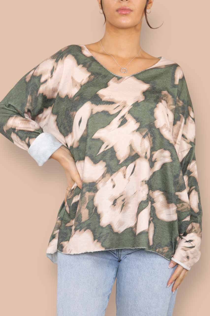 TIE DYE V-NECK FINE KNIT JUMPER KHAKI