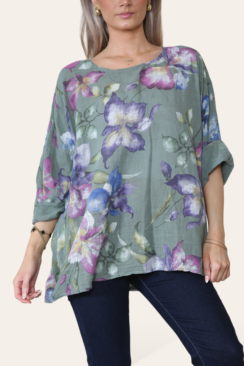 BLOEMIGE VLINDERPRINT TOP - KHAKI