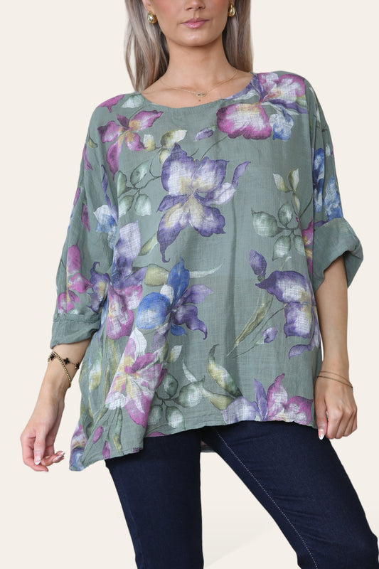 FLORAL BUTTERFLY PRINT TOP - KHAKI