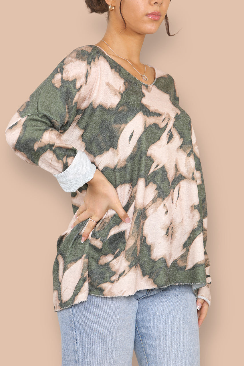 TIE DYE V-NECK FINE KNIT JUMPER KHAKI