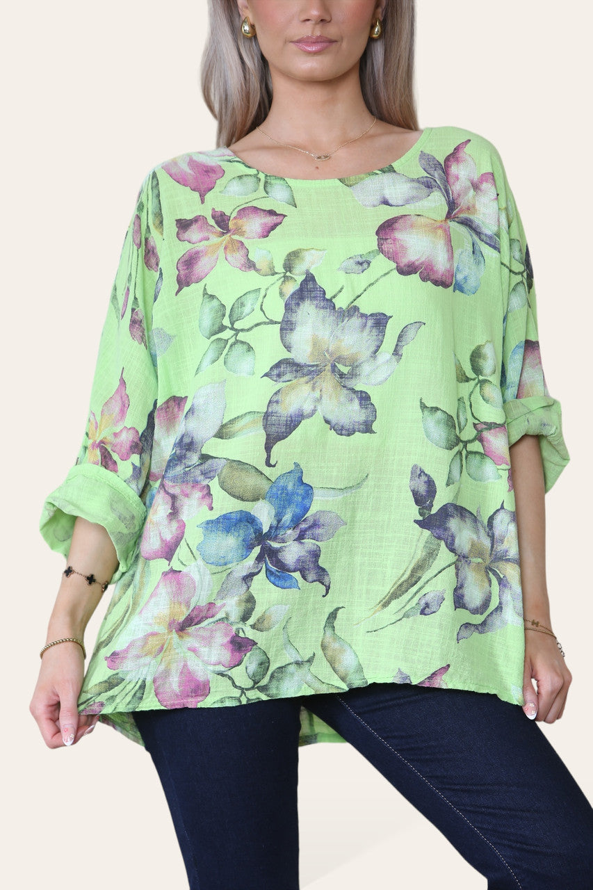 TOP MET BLOEMEN- EN VLINDERPRINT - LIMOEN
