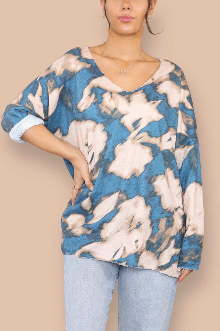 TIE DYE V-NECK FINE KNIT JUMPER BLUE