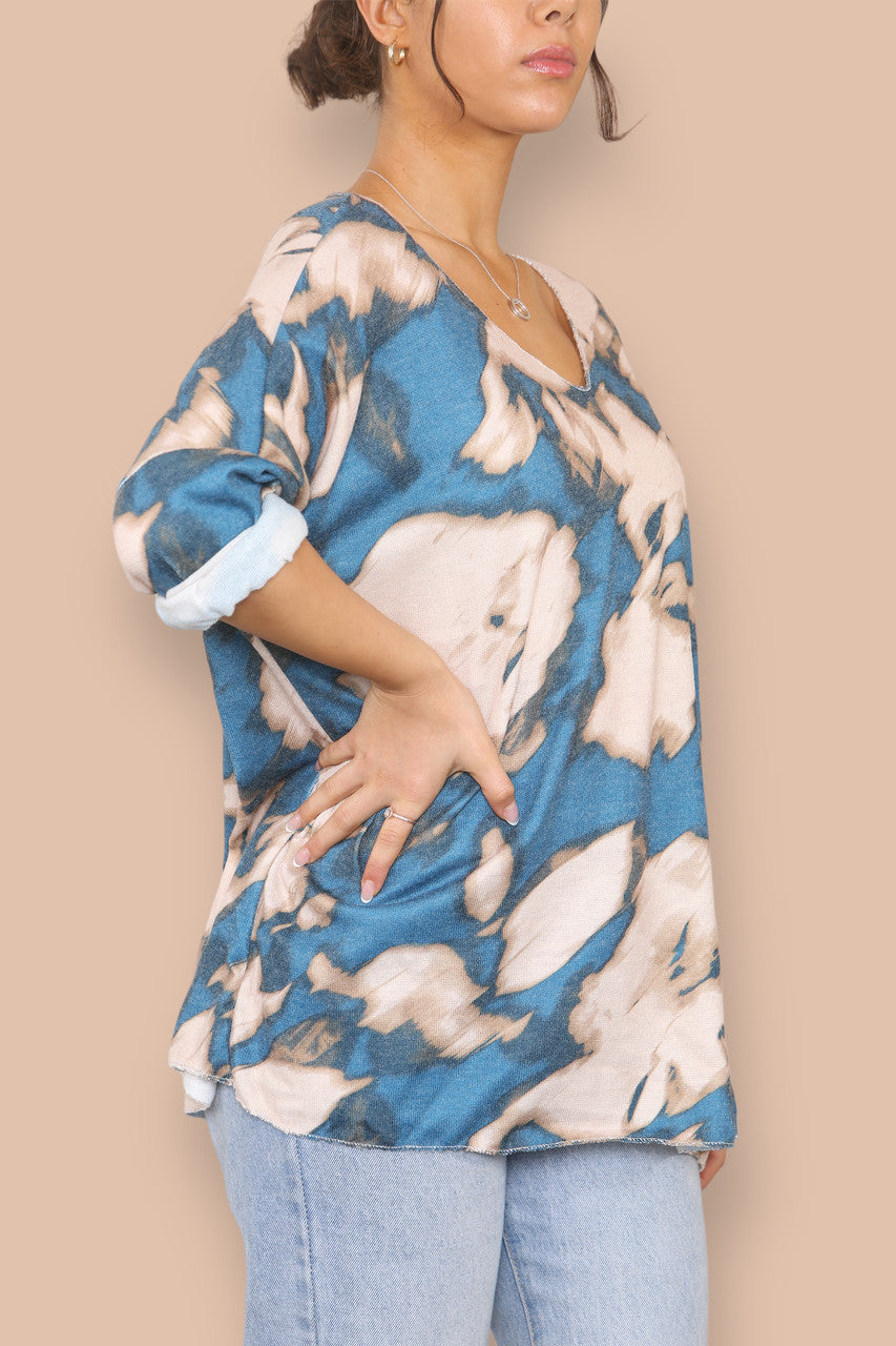 TIE DYE V-NECK FINE KNIT JUMPER BLUE