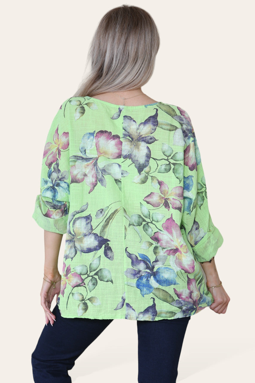 TOP MET BLOEMEN- EN VLINDERPRINT - LIMOEN