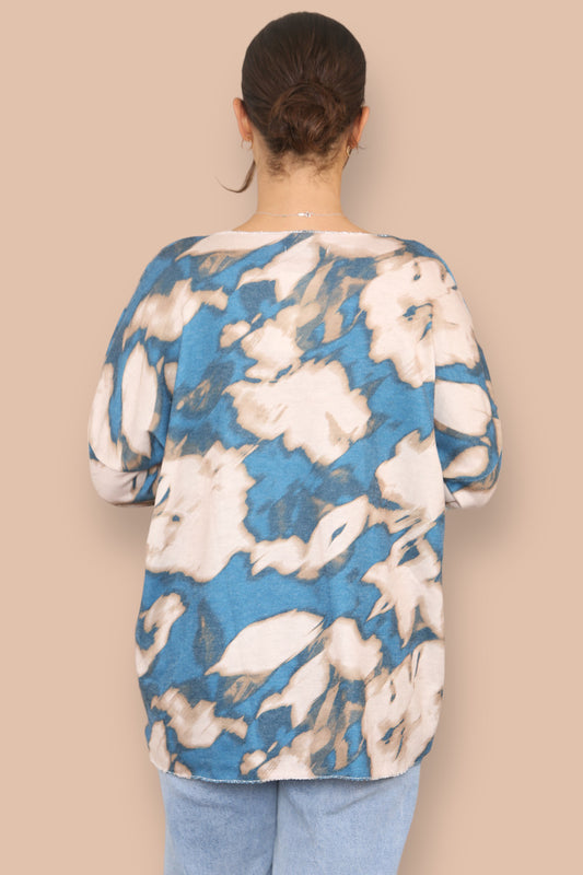 TIE DYE V-HALS FIJNGEBREIDE TRUI BLAUW