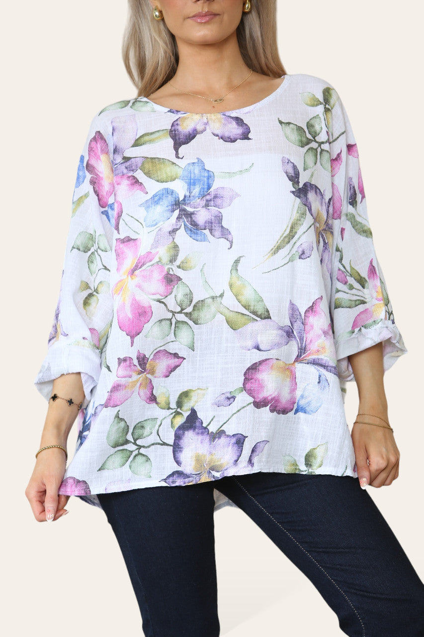 TOP MET BLOEMEN- EN VLINDERPRINT - WIT
