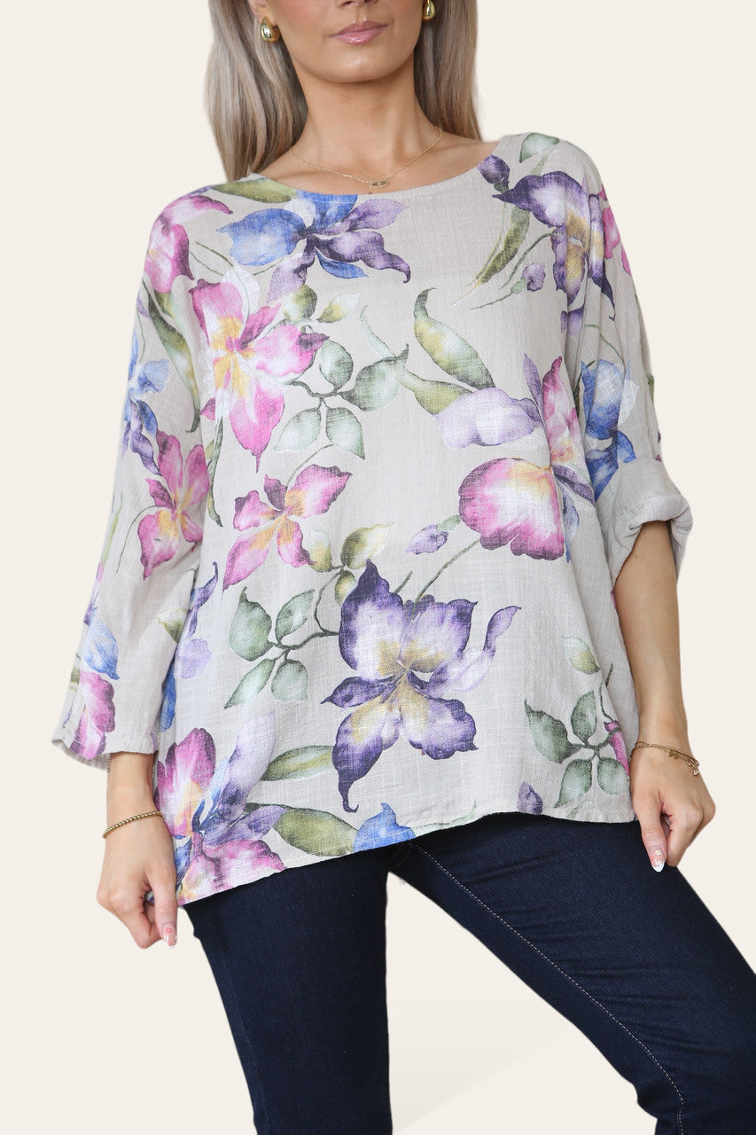 TOP MET BLOEMEN- EN VLINDERPRINT - STEENKLEURIG