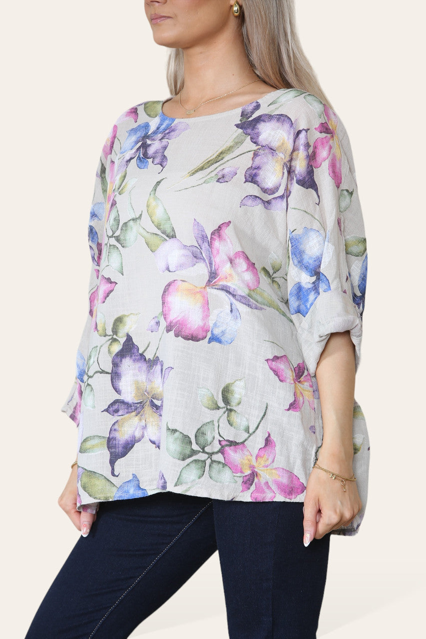 TOP MET BLOEMEN- EN VLINDERPRINT - STEENKLEURIG