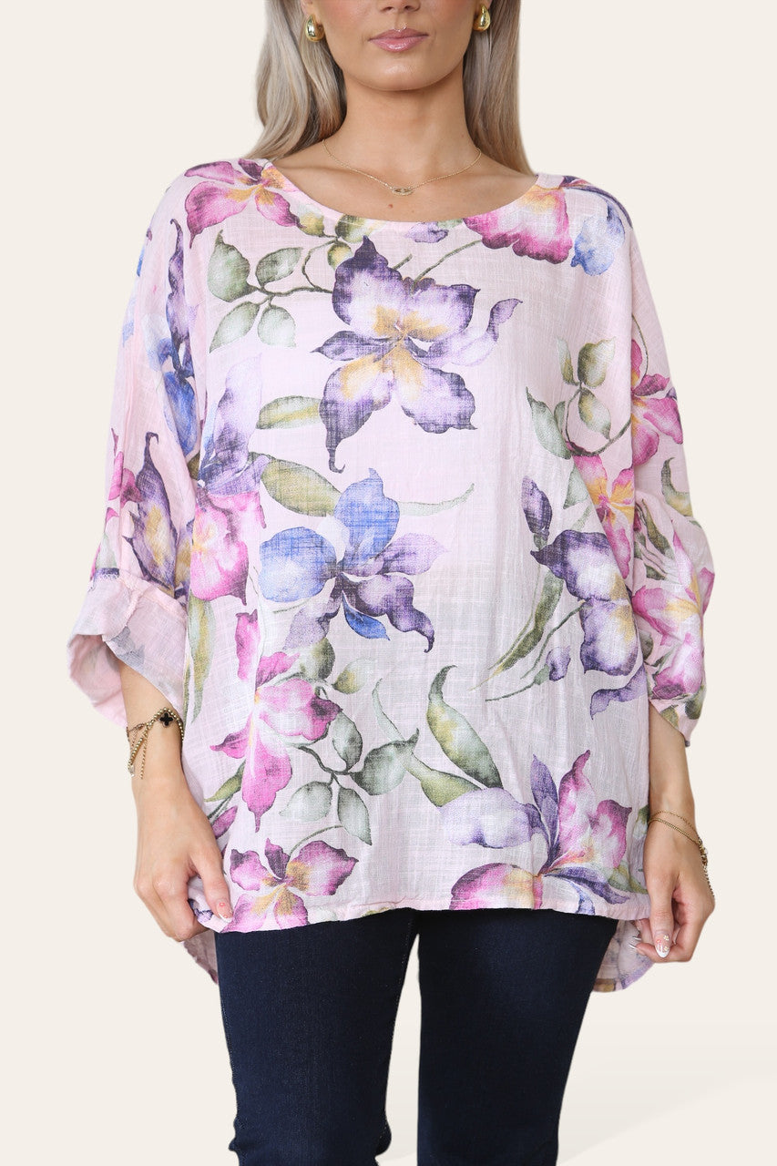 TOP MET BLOEM- EN VLINDERPRINT - STOFROZE
