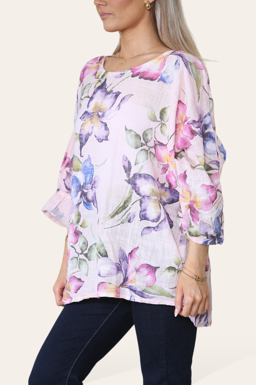TOP MET BLOEM- EN VLINDERPRINT - STOFROZE