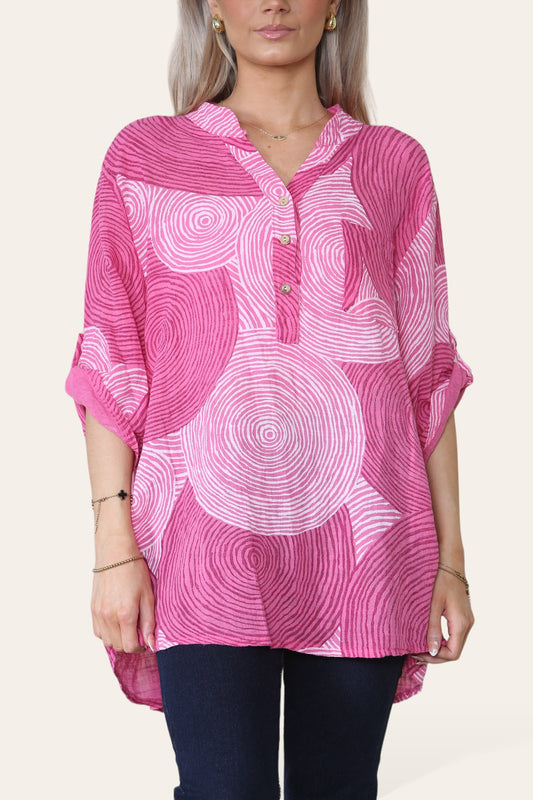 CIRCLES PRINT GRANDAD SHIRT BLOUSE CERISE