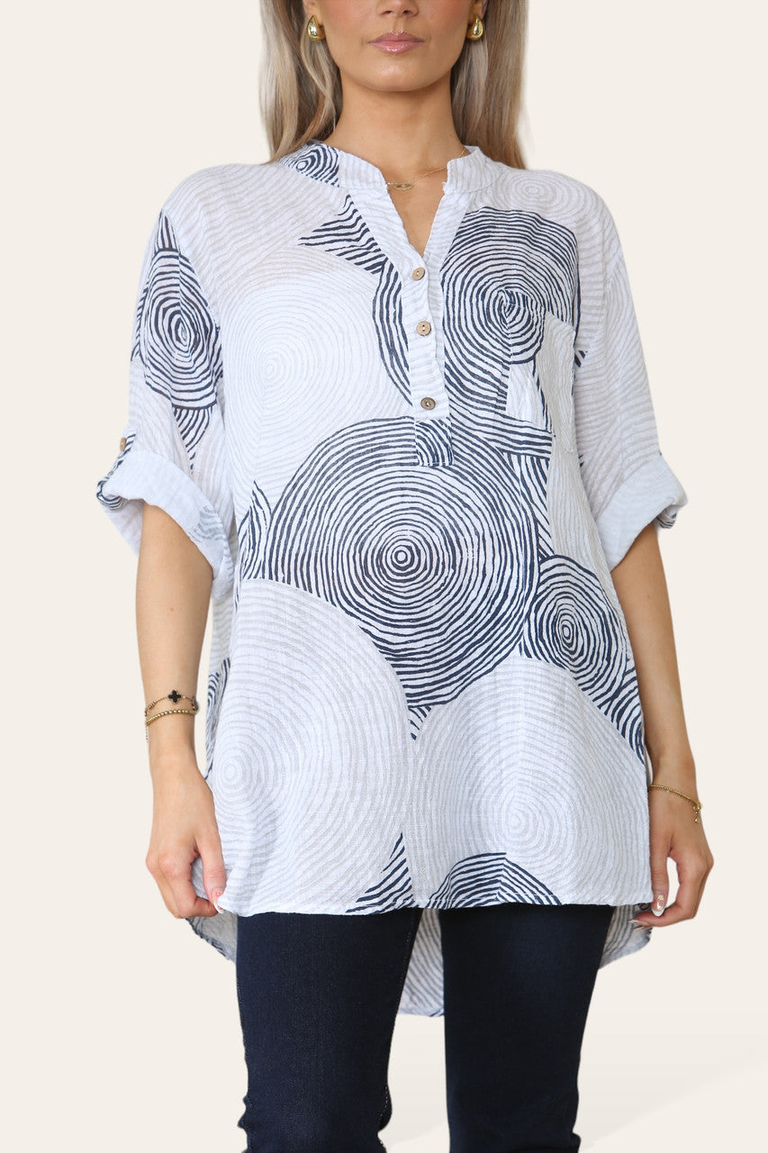 CIRCLES PRINT GRANDAD SHIRT BLOUSE WHITE