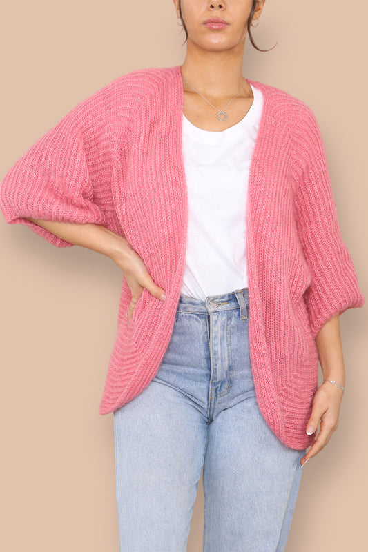 ZACHT PLUIZIG GEBREID VEST ROZE