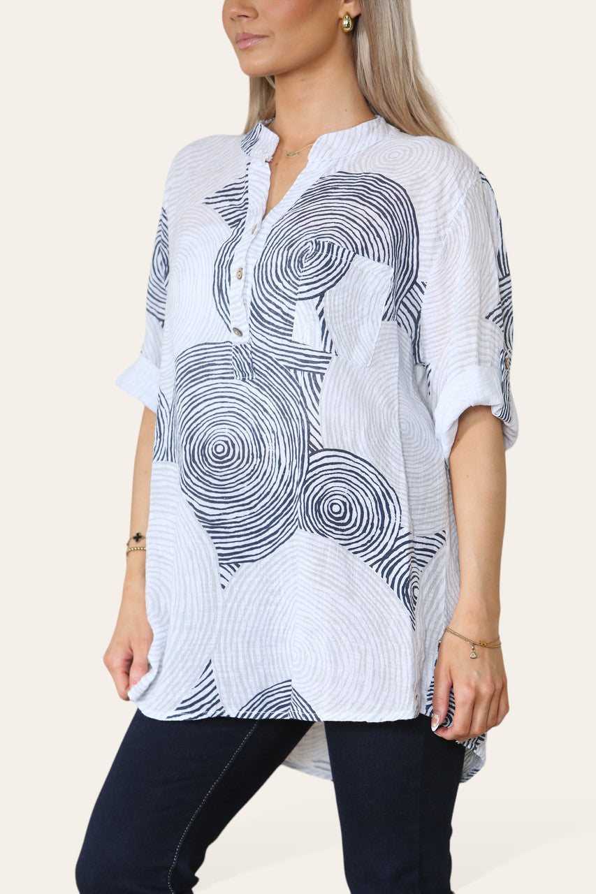 CIRCLES PRINT GRANDAD SHIRT BLOUSE WHITE