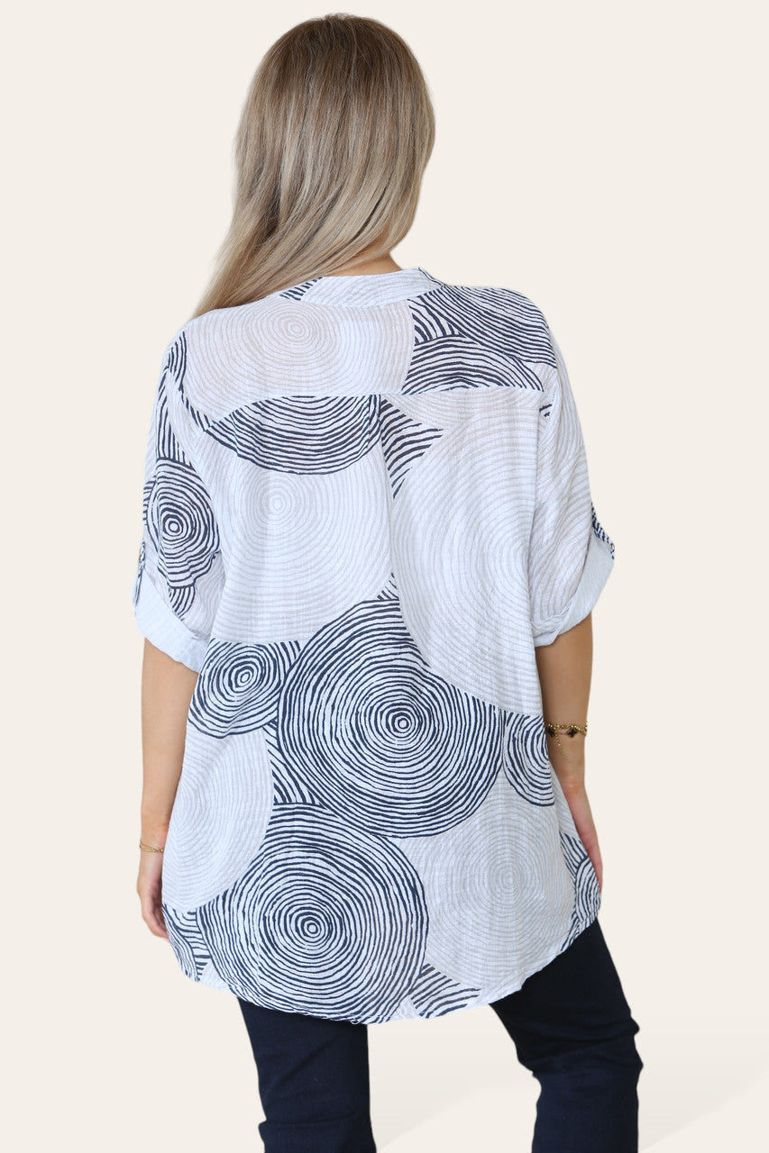 CIRCLES PRINT GRANDAD SHIRT BLOUSE WHITE