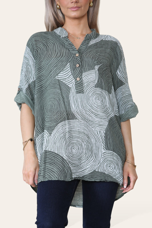 CIRCLES PRINT GRANDAD SHIRT BLOUSE KHAKI