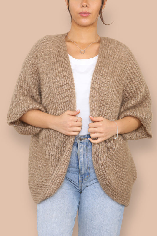 ZACHT PLUIZIG GEBREID VEST TAUPE