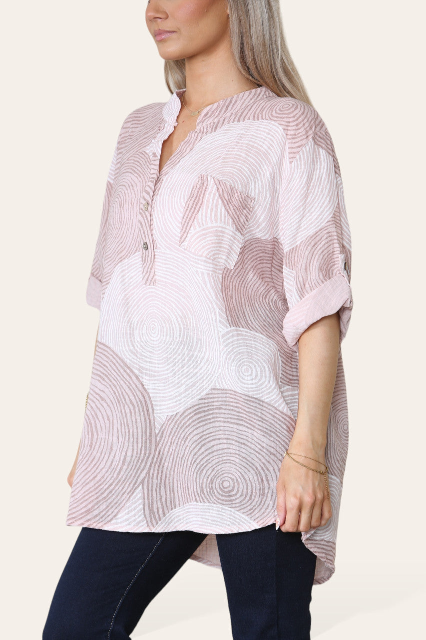 OVERHEMD MET CIRKELPRINT GRANDAD-KRAAG BLOUSE STOFROZE