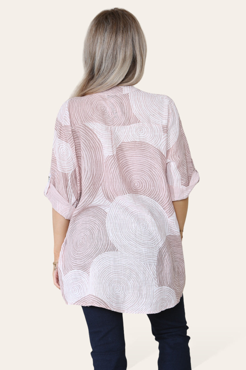 OVERHEMD MET CIRKELPRINT GRANDAD-KRAAG BLOUSE STOFROZE