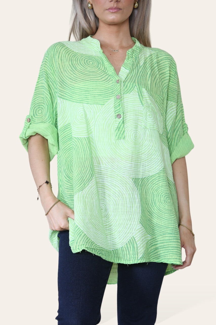 BLOUSE GRANDAD SHIRT MET CIRKELPRINT LIME