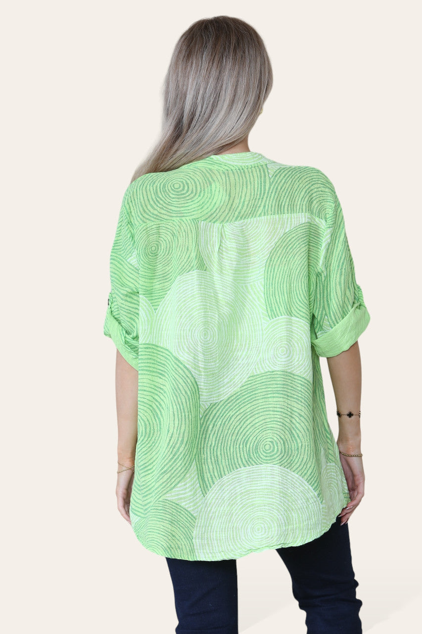 BLOUSE GRANDAD SHIRT MET CIRKELPRINT LIME
