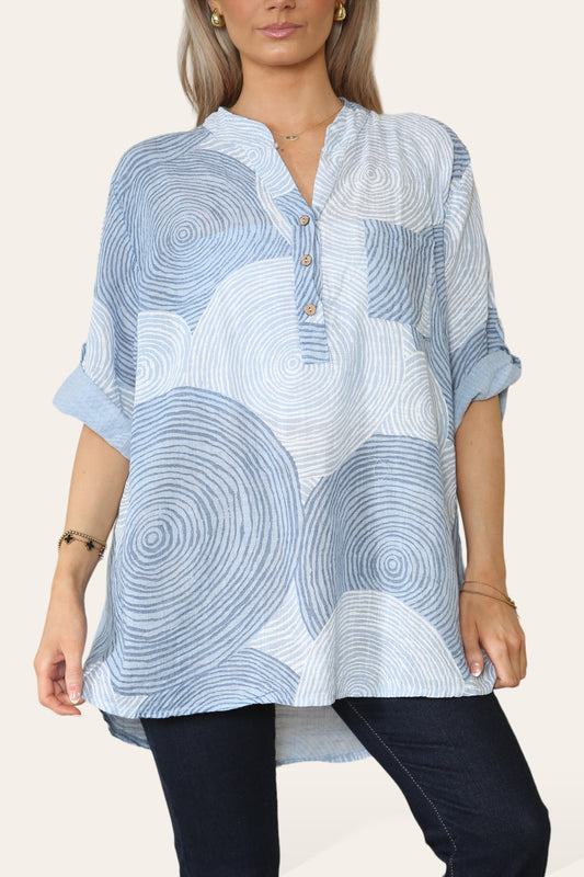 CIRCLES PRINT GRANDAD SHIRT BLOUSE LIGHT BLUE