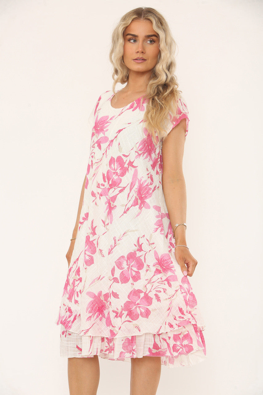 SCATTERED FLORAL PRINT A-LINE DRESS - CERISE PINK