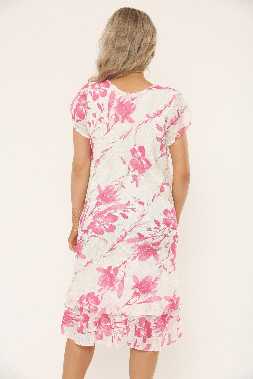 SCATTERED FLORAL PRINT A-LINE DRESS - CERISE PINK