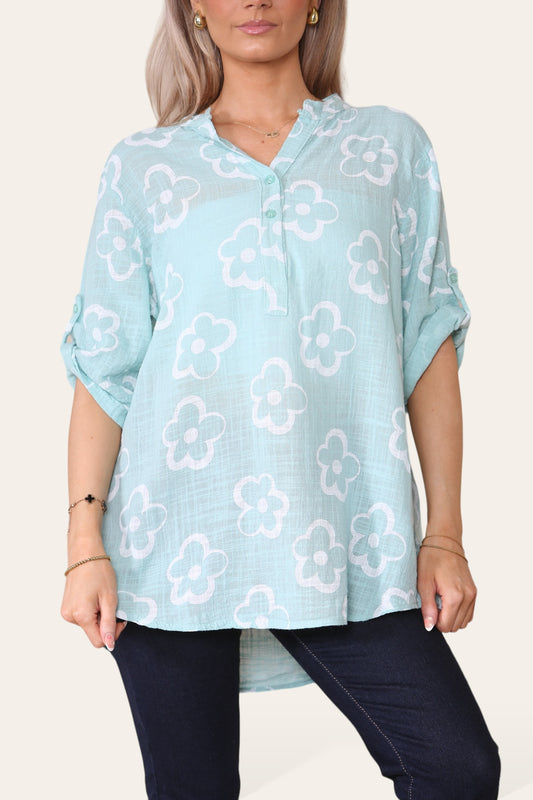 FLORAL STAMP PRINT GRANDAD COLLAR SHIRT TOP PEPPERMINT