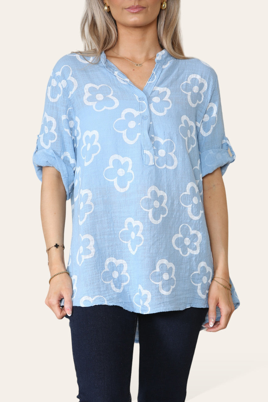 BLOEMEN STEMPELPRINT OVERHEMD MET GRANDAD KRAAG LICHTBLAUW