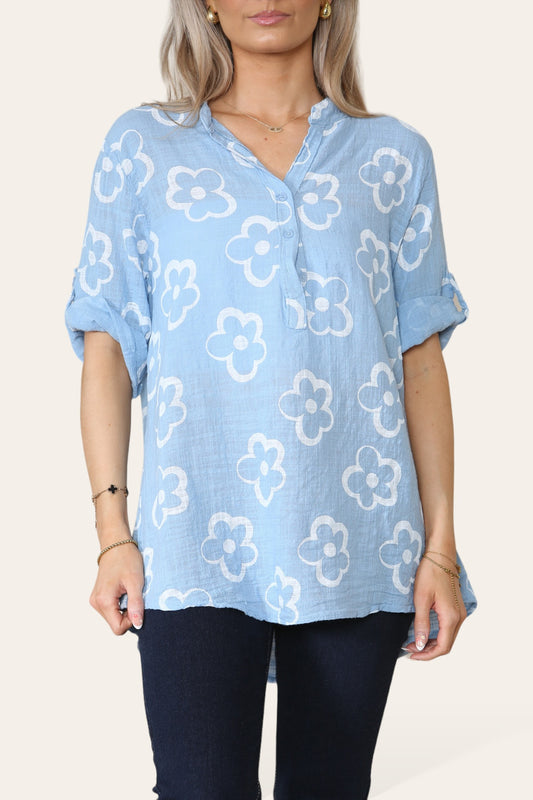 FLORAL STAMP PRINT GRANDAD COLLAR SHIRT TOP LIGHT BLUE