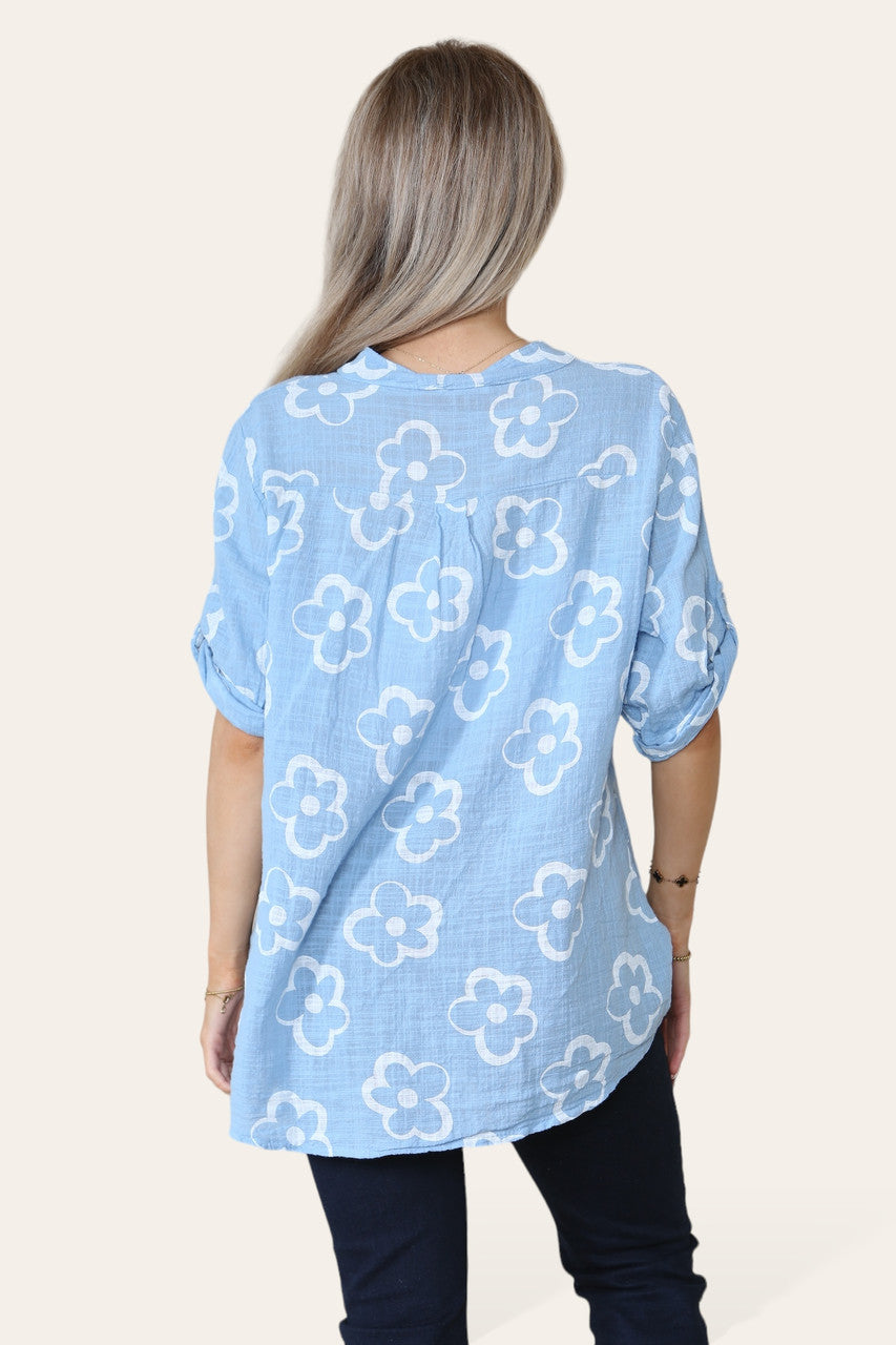 BLOEMEN STEMPELPRINT OVERHEMD MET GRANDAD KRAAG LICHTBLAUW