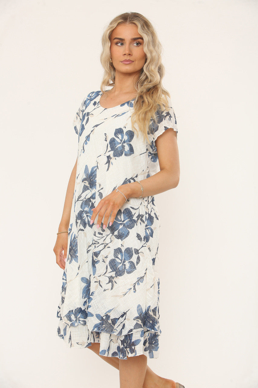 VERSPREIDE BLOEMENPRINT A-LIJN JURK - MARINEBLAUW