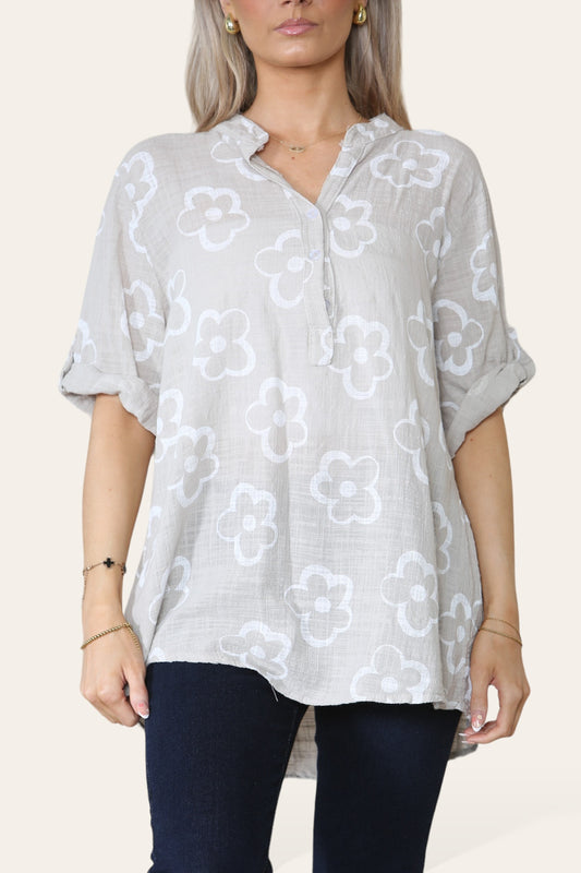 FLORAL STAMP PRINT GRANDAD COLLAR SHIRT TOP STONE