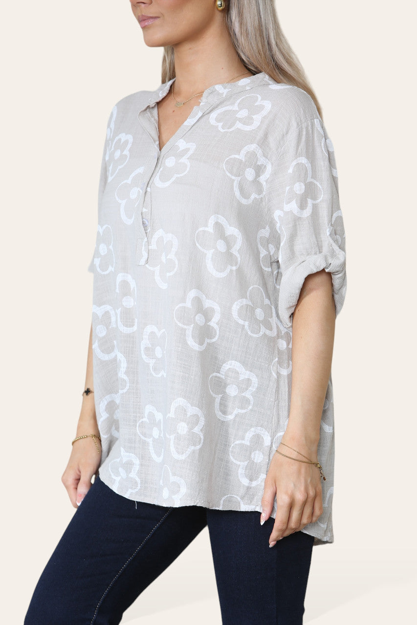 TOP MET BLOEMENPRINT EN GRANDAD-KRAAG STEENKLEURIG