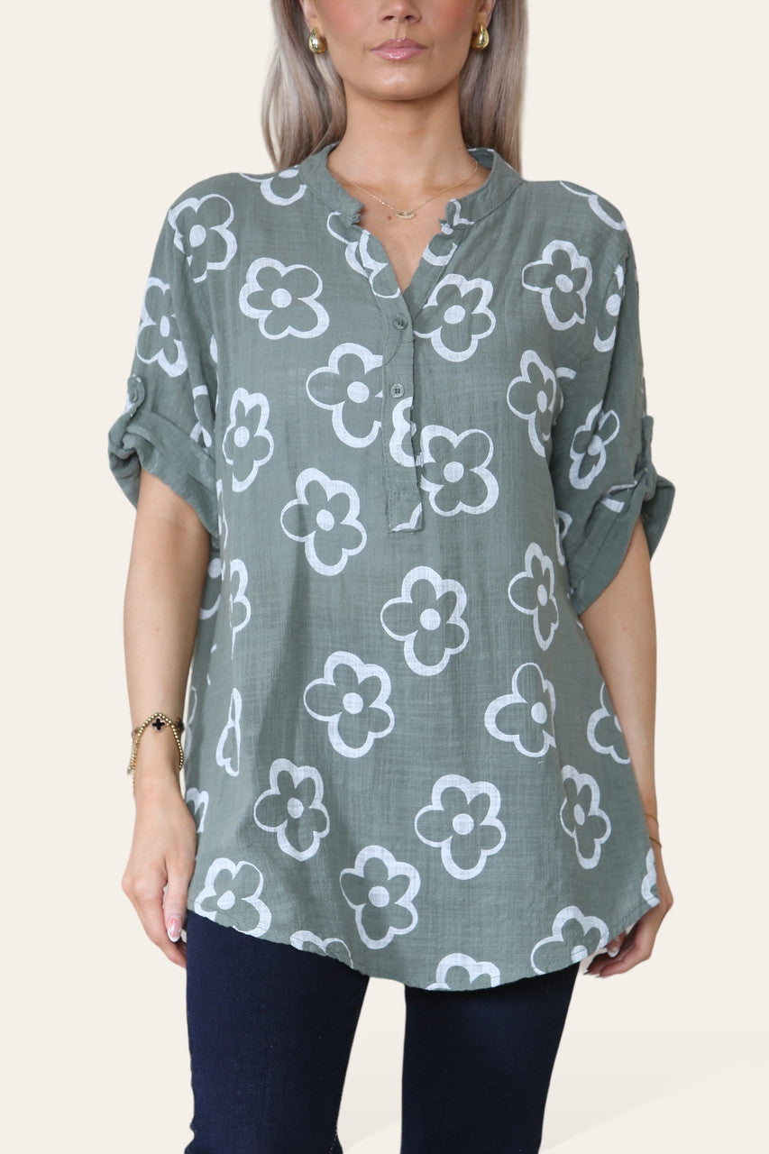 FLORAL STAMP PRINT GRANDAD COLLAR SHIRT TOP KHAKI