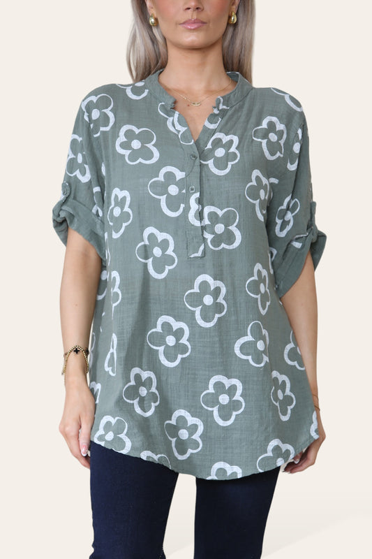 FLORAL STAMP PRINT GRANDAD COLLAR SHIRT TOP KHAKI