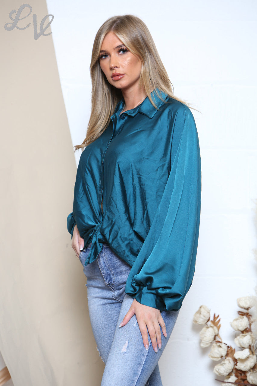 Ladies Tie Front Batwing Blouse Shirt Teal