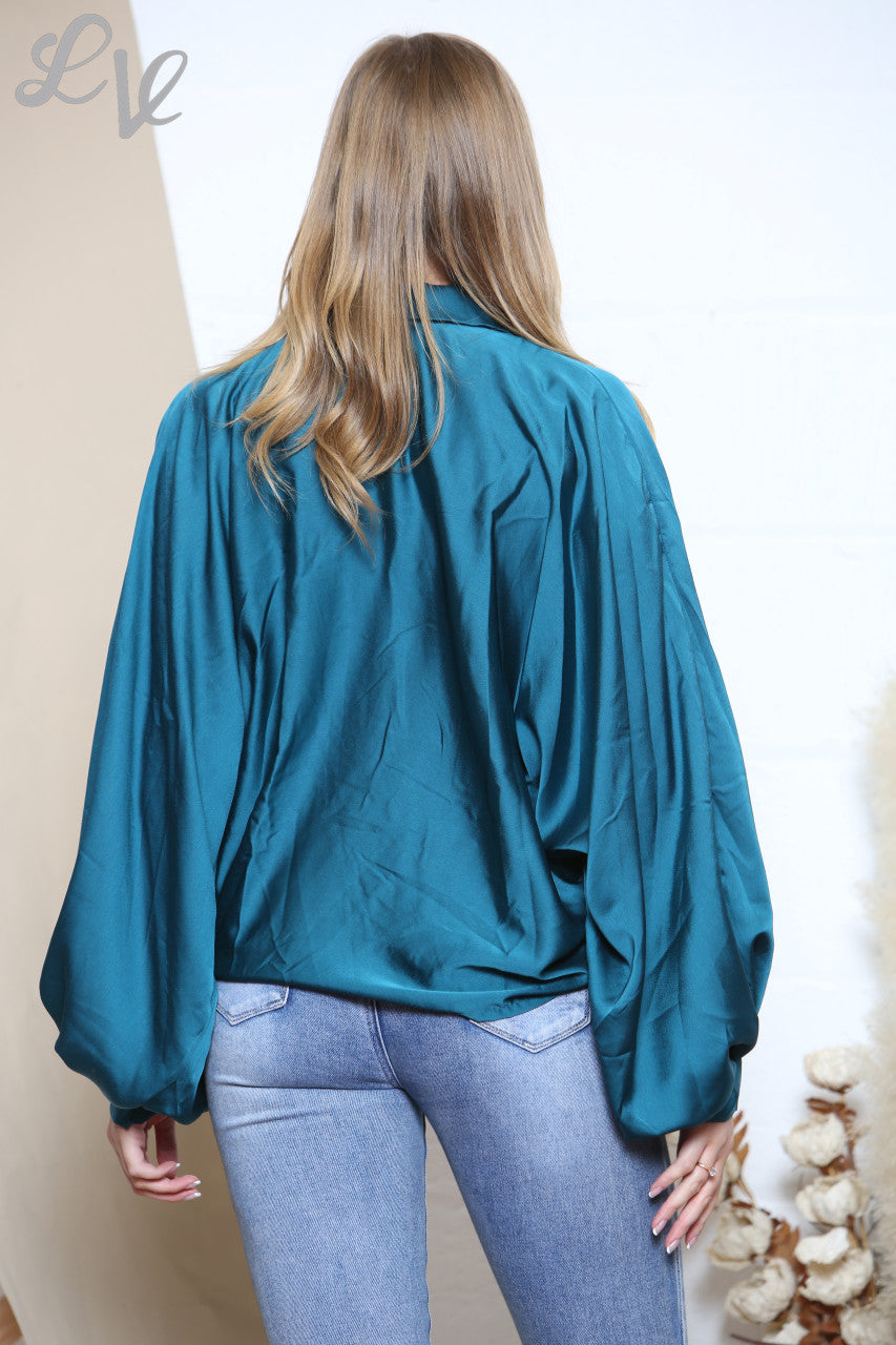Ladies Tie Front Batwing Blouse Shirt Teal